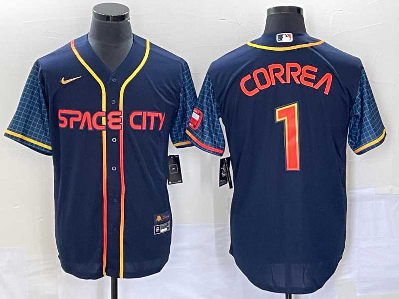 Mens Houston Astros #1 Carlos Correa 2022 Navy Blue City Connect Cool Base Stitched Jersey